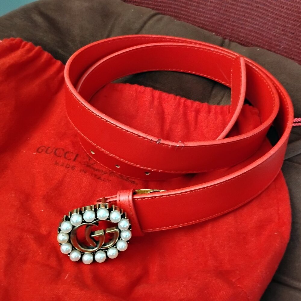❤️GUCCI GG Pearl Marmont Buckle and Red Leather Belt Sz 40 +Dustbag